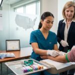 Phlebotomy student in scrubs performing supervised venipuncture in a clinical training lab with certificate and program brochures visible