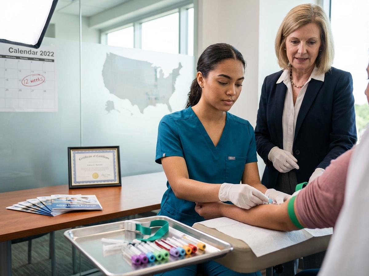 Phlebotomy student in scrubs performing supervised venipuncture in a clinical training lab with certificate and program brochures visible