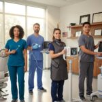 Diverse allied health professionals — dental hygienist, sonographer, radiologic technologist and respiratory therapist — in a modern clinic/simulation lab, representing high-paying careers attainable with a 2-year degree