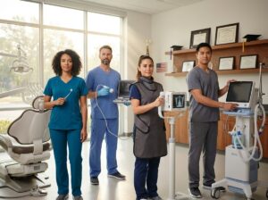 Diverse allied health professionals — dental hygienist, sonographer, radiologic technologist and respiratory therapist — in a modern clinic/simulation lab, representing high-paying careers attainable with a 2-year degree