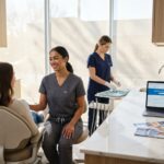 Dental hygienist and dental assistant in a modern clinic with allied health school brochures visible illustrating career and education comparison