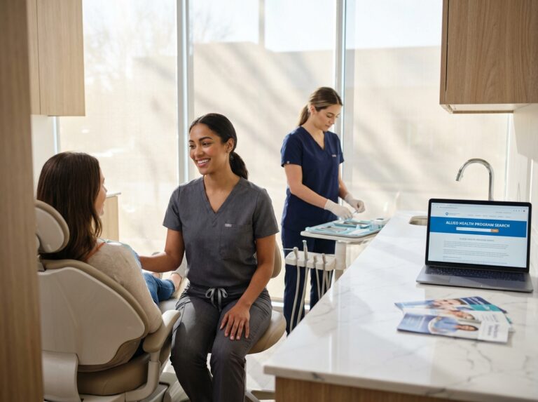 Dental hygienist and dental assistant in a modern clinic with allied health school brochures visible illustrating career and education comparison