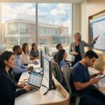 Diverse adult students studying medical billing and coding on laptops and in a small classroom lab with EHR billing screen visible