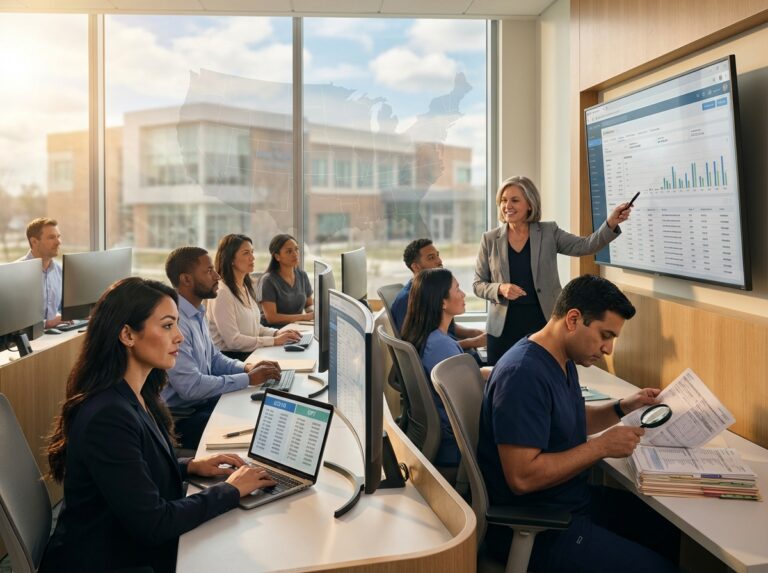 Diverse adult students studying medical billing and coding on laptops and in a small classroom lab with EHR billing screen visible
