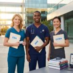 Diverse medical assistants in scrubs holding CMA RMA and CCMA certifications beside textbooks laptop showing program comparison charts and a US map in background