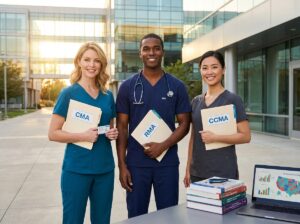 Diverse medical assistants in scrubs holding CMA RMA and CCMA certifications beside textbooks laptop showing program comparison charts and a US map in background