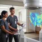 Radiation therapist operating a linear accelerator with a US salary heatmap overlay