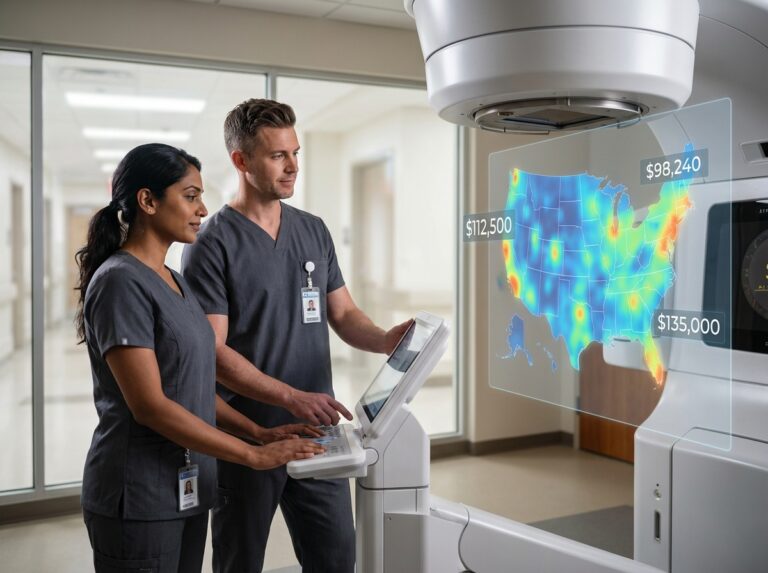 Radiation therapist operating a linear accelerator with a US salary heatmap overlay