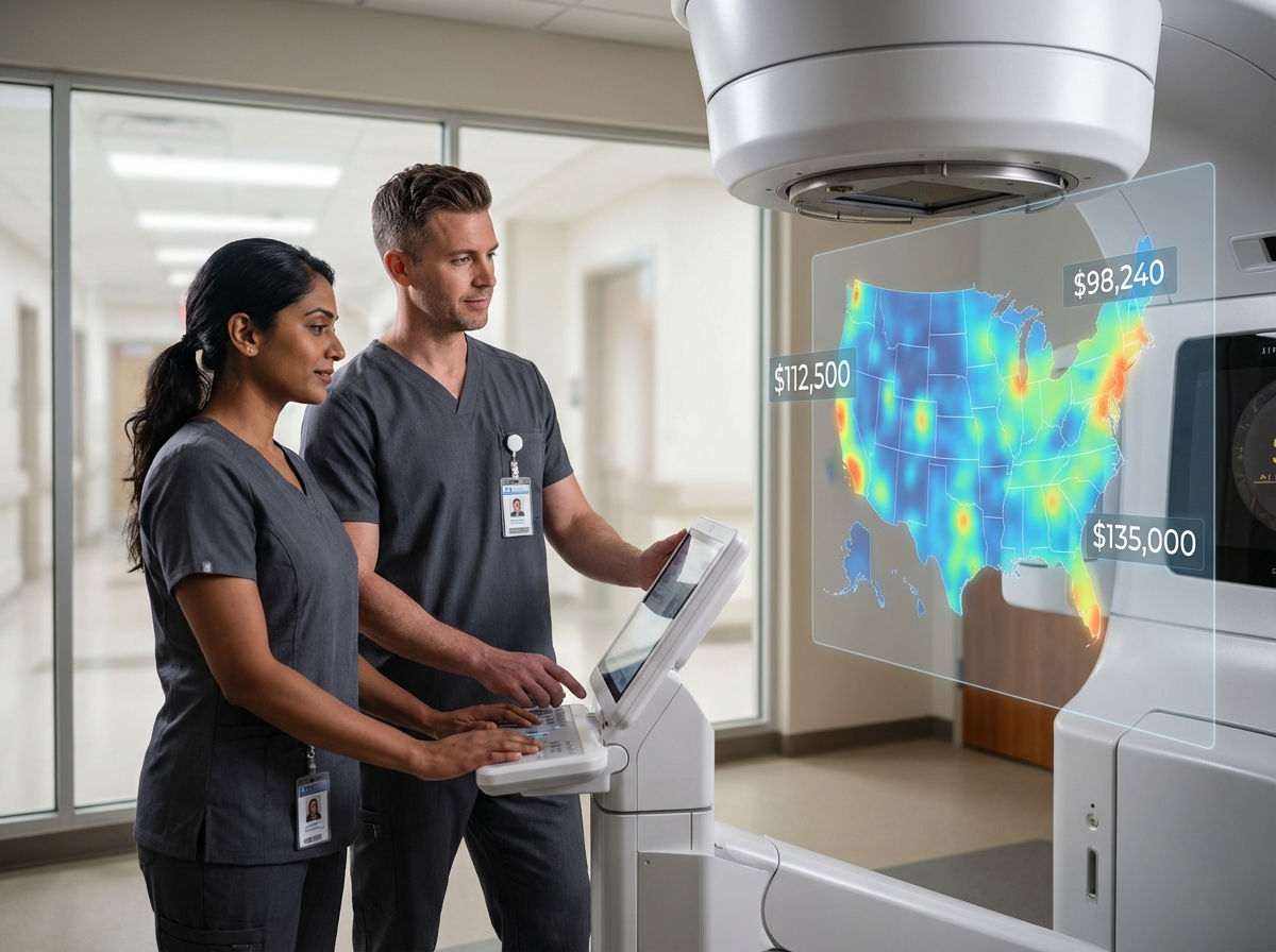 Radiation therapist operating a linear accelerator with a US salary heatmap overlay