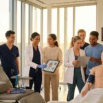 Diverse allied health students in scrubs practicing clinical skills with a simulation manikin and medical equipment in a bright classroom