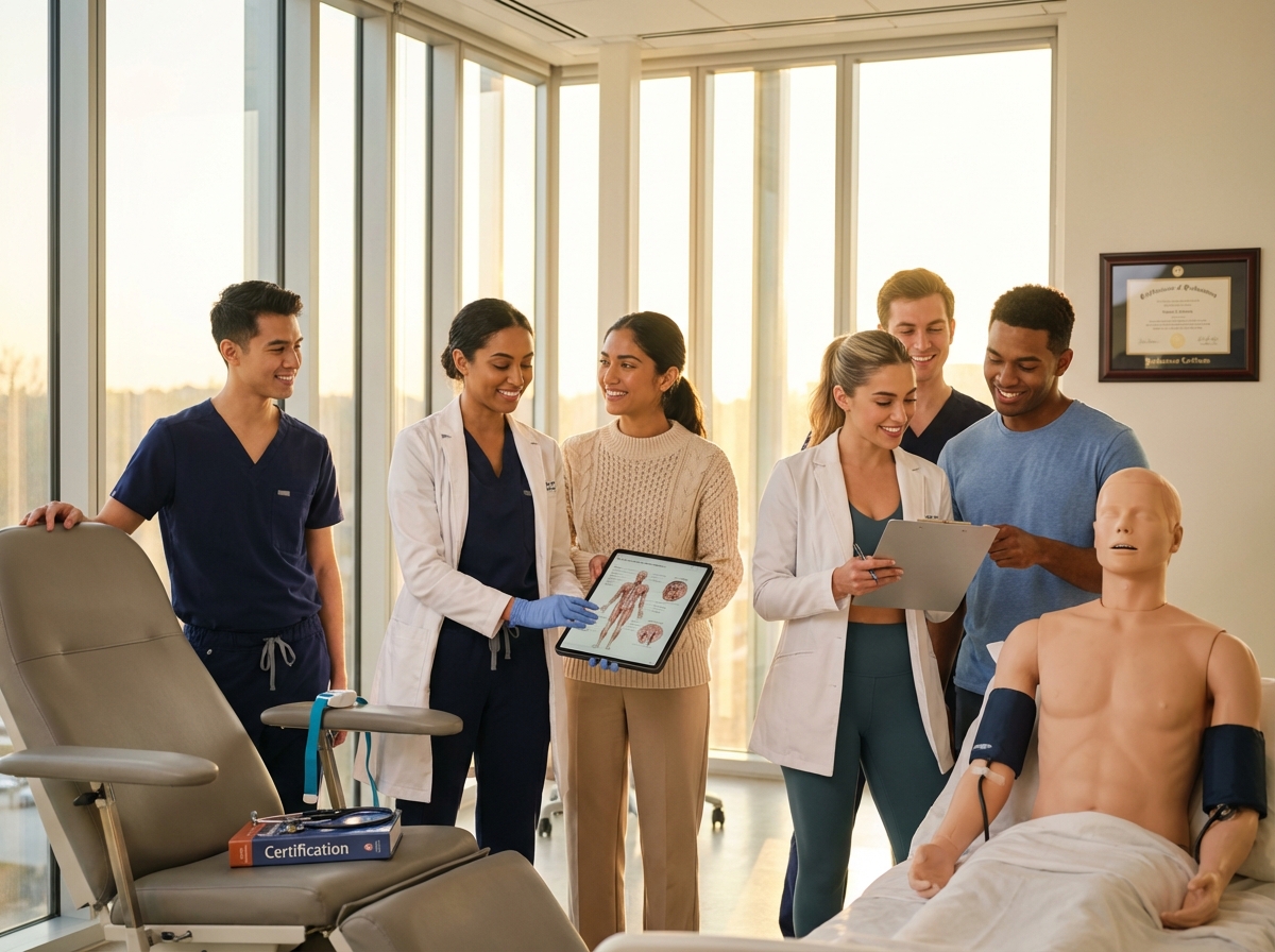 Diverse allied health students in scrubs practicing clinical skills with a simulation manikin and medical equipment in a bright classroom