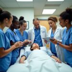 Respiratory therapist supervising students in a hospital training lab with ventilator and simulation manikin