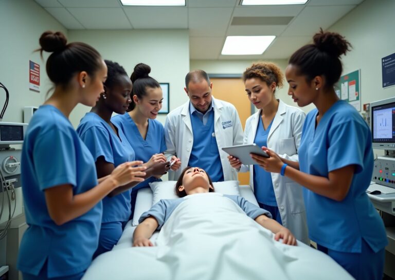 Respiratory therapist supervising students in a hospital training lab with ventilator and simulation manikin