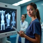 Radiology tech student in scrubs using a tablet near an X ray machine in a simulation lab with instructor and mannequin in background
