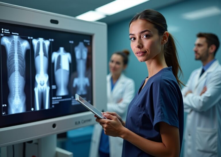 Radiology tech student in scrubs using a tablet near an X ray machine in a simulation lab with instructor and mannequin in background