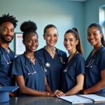 Diverse medical assistant students in scrubs in a classroom and clinical setting with a clock, checklist and graduation cap symbolizing program timelines and career pathways
