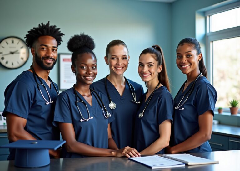 Diverse medical assistant students in scrubs in a classroom and clinical setting with a clock, checklist and graduation cap symbolizing program timelines and career pathways