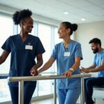 Physical therapist assistant and occupational therapy assistant working with adult patients in a bright outpatient clinic, showing gait training and adaptive daily living activities, diverse staff in scrubs