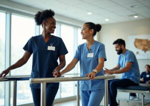 Physical therapist assistant and occupational therapy assistant working with adult patients in a bright outpatient clinic, showing gait training and adaptive daily living activities, diverse staff in scrubs