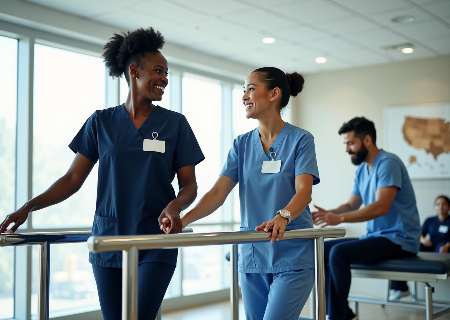 Physical therapist assistant and occupational therapy assistant working with adult patients in a bright outpatient clinic, showing gait training and adaptive daily living activities, diverse staff in scrubs