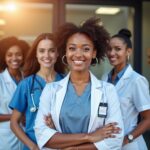 Allied health professionals at a clinic with student loan documents and a calendar symbolizing loan repayment and service-based forgiveness programs