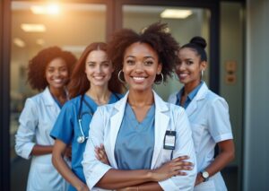 Allied health professionals at a clinic with student loan documents and a calendar symbolizing loan repayment and service-based forgiveness programs