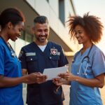 Diverse LPN paramedic and RN students reviewing a patient chart outside a modern allied health school building