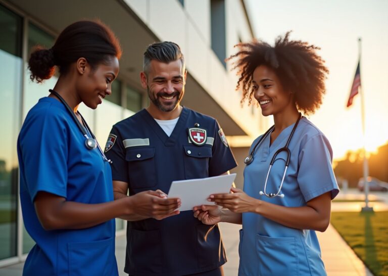 Diverse LPN paramedic and RN students reviewing a patient chart outside a modern allied health school building