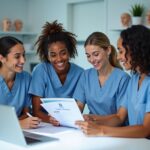 Diverse dental hygiene students in a simulation lab reviewing accreditation and prerequisite documents