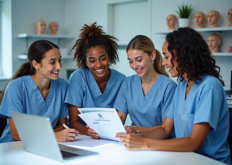Diverse dental hygiene students in a simulation lab reviewing accreditation and prerequisite documents