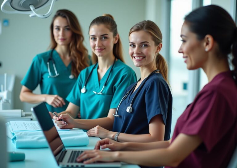 Diverse allied health professionals including dental hygienist, sonographer, MRI technologist and respiratory therapist in a modern U.S. clinic, with an associate degree certificate visible